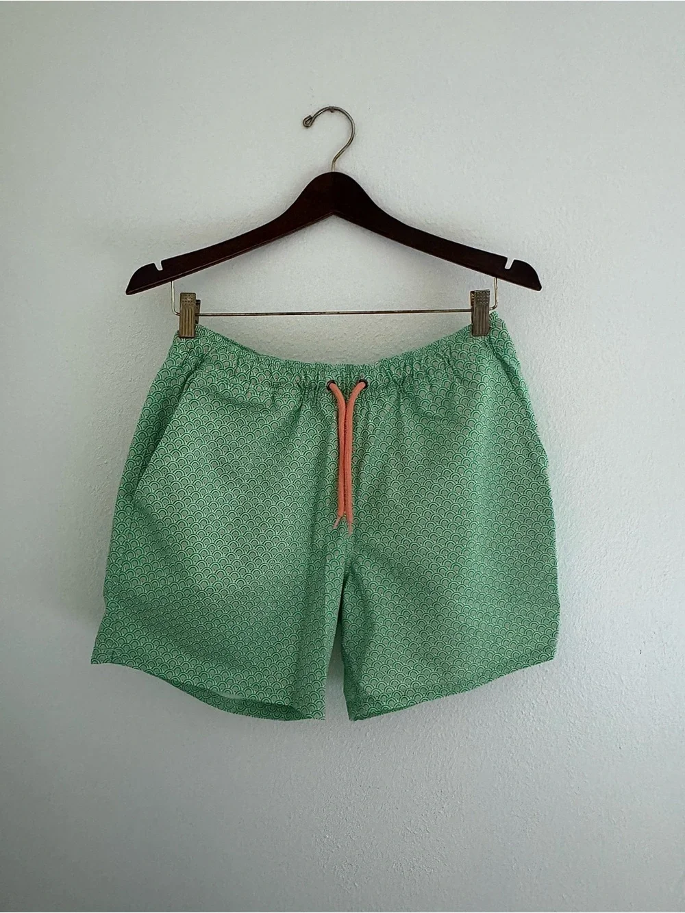 J. Crew Mint Green Scallop Swim Shorts with Coral Drawcord